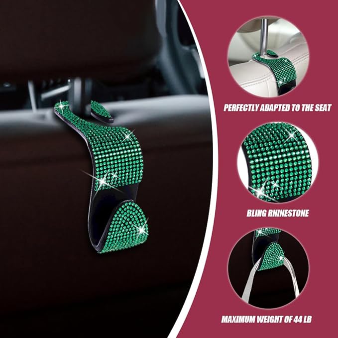 2 Pack Car Seat Headrest Hook, Bling Car Hooks Front Seat, Back Seat Organizer Hanger Storage Hook Car Purse Hook for Bags, Clothes, Coats, Grocery Bags (Green)