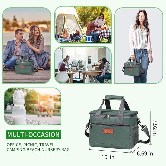 iknoe Insulated Lunch Bag, Foldable 8.5L Cooler Bag for Men & Women, Leakproof Thermal Design, Great for Office, Picnic, Travel, Lunch Box, Grayish green