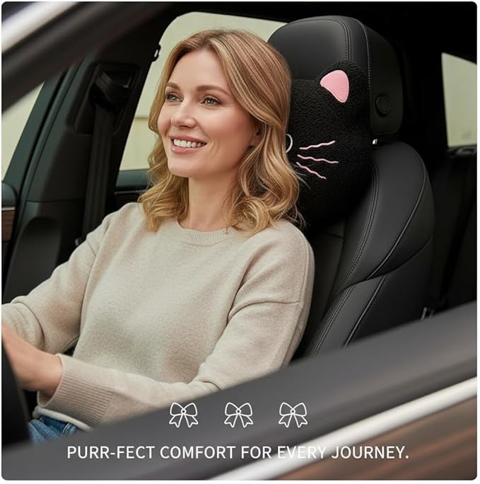 Cute Plush Black Cat Car Seat Headrest and Lumbar Support Pillow Set, Soft Neck Cushion for Driving Comfort, Set of 2