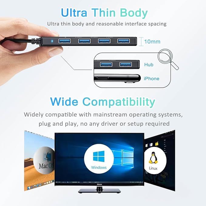 USB Hub for Laptop, 4-Port USB 3.0 Hub USB Splitter USB Extender for Laptop, MacBook, Mac Pro, Mac mini, iMac, Surface Pro, XPS, PC, Flash Drive, Mobile HDD