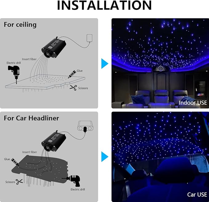 Small Size 16W RGBW APP Music Activated Fiber Optic Lights, 500pcs*0.03in(9.8ft/3m) Optical Fiber Star Ceiling Light Kit for Car Headliner Star/Home