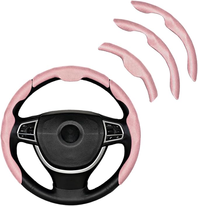 3PCS Car Steering Wheel Cover, Nappa Leather Breathable Non-Slip Segmented Steering Wheel Protector, Snap-on Auto Interior Decoration Accessories, Universal Fit (Pink)