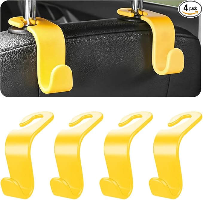 Car Back Seat Headrest Hooks, 4PCS Vehicle Backseat Storage Organizer Hanger, Multifunctional Auto Headrest Hidden Hook Universal for Handbag Purse Backpacks Bags and Groceries (Yellow)
