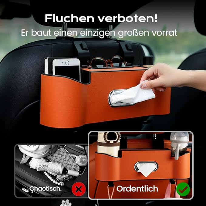 3-in-1 Car Backseat Organizer, 2026 New Multifunctional Back Seat Car Organizer with Cup Holder, Tissue Box, Trash Bin & Hooks for Hold Phones, Snacks, Drinks, Handbags (1, Orange)