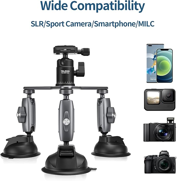 Triple Suction Cup Camera Car Mount Holder, Heavy Duty Tripod Window Windshield Dash Dashboard Inside Outside Sucking Attach Accessories for GoPro Insta360 DJI Action Osmo Pocket DSLR Accessory