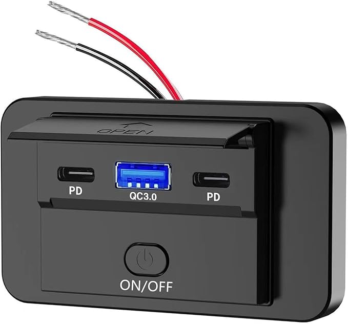 MOTONG Waterproof 12V PD USB C Outlet Charger Adapter, 18W QC3.0 USB A & Dual 30W PD Type C with Touch Switch Car Socket Charger Power Socket Port for Car Marine Boat RV Truck