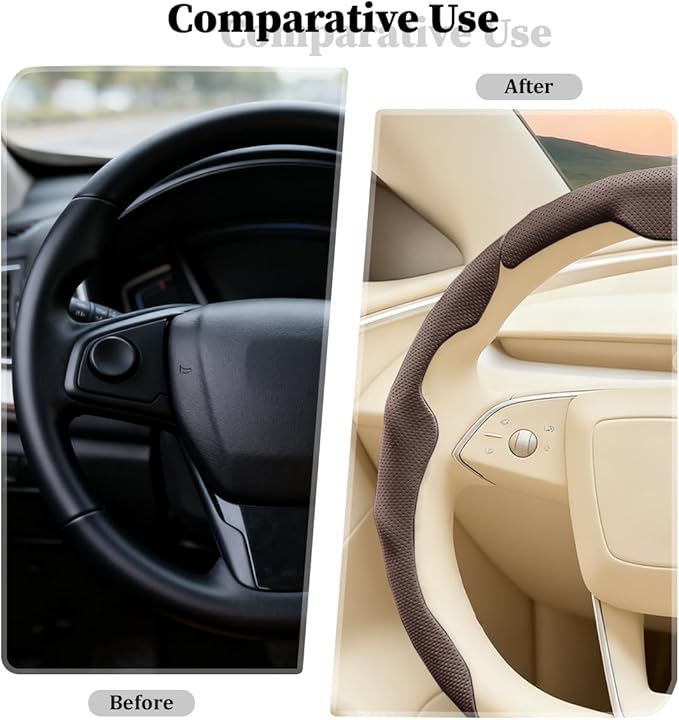 3PCS Car Steering Wheel Cover, Nappa Leather Breathable Non-Slip Segmented Steering Wheel Protector, Snap-on Auto Interior Decoration Accessories, Universal Fit (Brown)