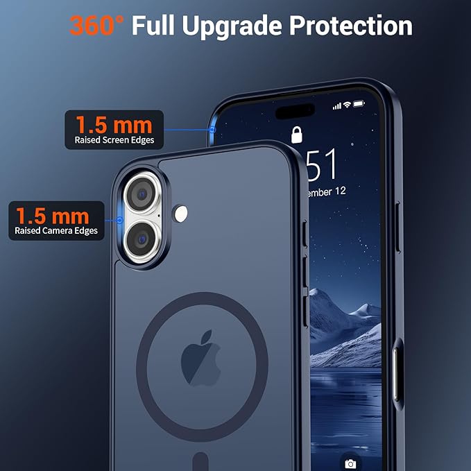 SUPFINE Magnetic for iPhone 16 Plus Case with Screen Protector (Compatible with MagSafe) (Military Grade Drop Protection) Translucent Matte Shockproof Phone Cover,Dark Blue