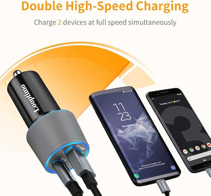 45W Fast USB C Car Charger for Google Pixel 10/10 Pro/10 Pro XL/9/9a/8/7, Galaxy S26+/S25 Ultra, Looptimo Android Phone Plug PD & QC3.0 Cigarette Lighter Adapter with Rapid Charging 3.3ft Type C Cable