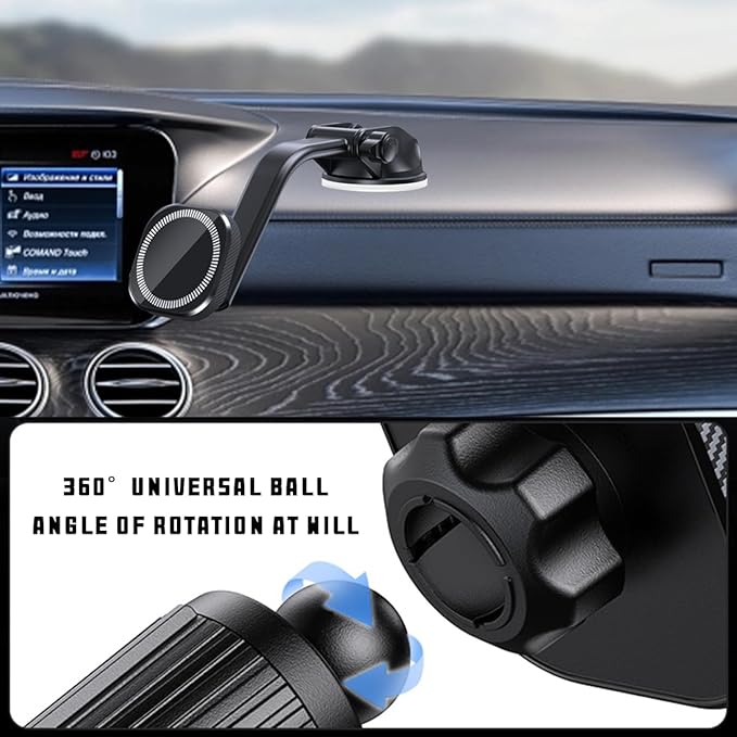 Car Magnetic Phone Holder for Dashboard, 360° Rotation Hands Free Automotive Windshield Phone Mount with Suction Cup, Compatible with 11 12 13 14 15 Pro Max, Universal for SUV Truck RV