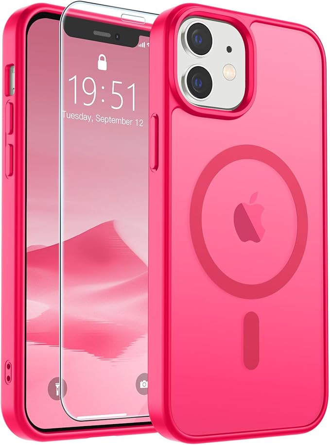 SUPFINE Magnetic for iPhone 12 Mini Case & iPhone 13 Mini Case (Compatible with MagSafe) (Military Grade Drop Protection) Slim Translucent Matte Shockproof Phone Cover,Hot Pink