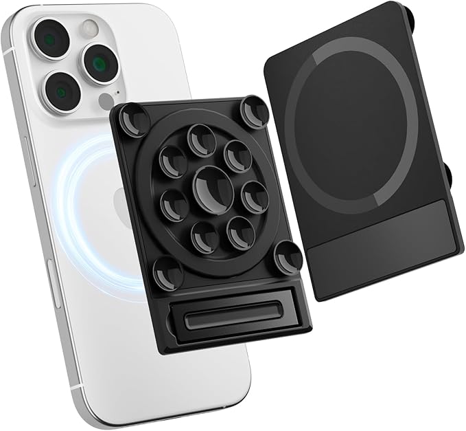 SEMBO Silicone Suction Phone Case Adhesive Sticky Grip Stand with Mag-Back for MagSafe Car/Wall Mounts, Strong Magnetic Holder for Fridge, Gym Equipment, Shower, Hands-Free Selfie (Black, Magnetic)