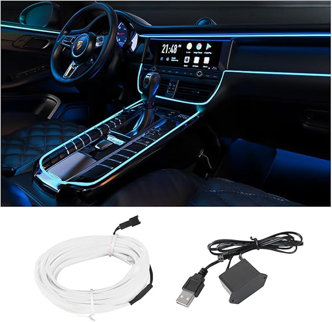 EL Wire Interior Car LED Strip Lights, USB Auto Neon Light Strip with Sewing Edge, 16FT Electroluminescent Car Ambient Lighting Kits with Fuse Protection, Car Accessories (Ice Blue/16FT)