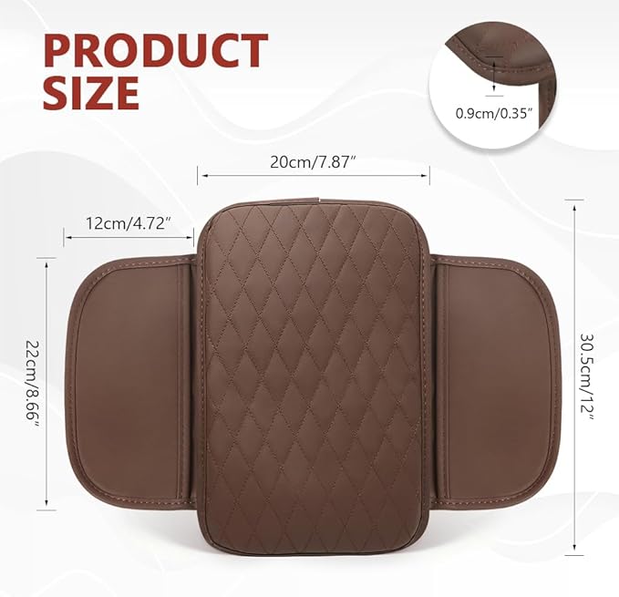 Car Center Console Cover, 12"×7.87" Waterproof Leather Auto Armrest Cover Protector with 2 Pocket, Comfortable Arm Rest Box Cushion Pad, Universal Interior Car Accessories (Coffee)