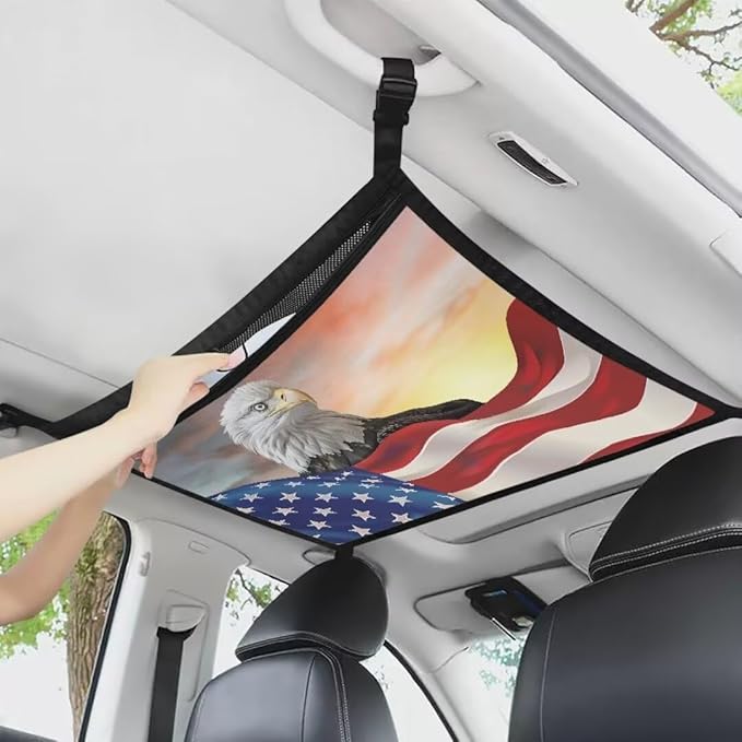 Eagle USA Flag Car Roof Storage Bag Multi-Purpose Seat Organizer Car Bag Storage Box Organizer Pouch Pocket Car Travel Accessories Compatible with Most Cars