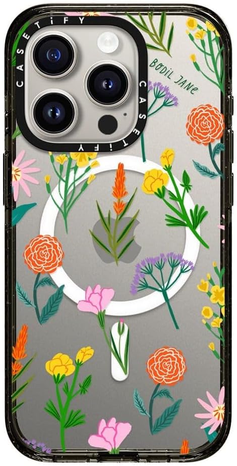 CASETiFY Impact iPhone 15 Pro Case [Slim/Compatible with Magsafe / 8.2 ft. 4X Military Grade Drop Protection] - Flowers - Clear Black