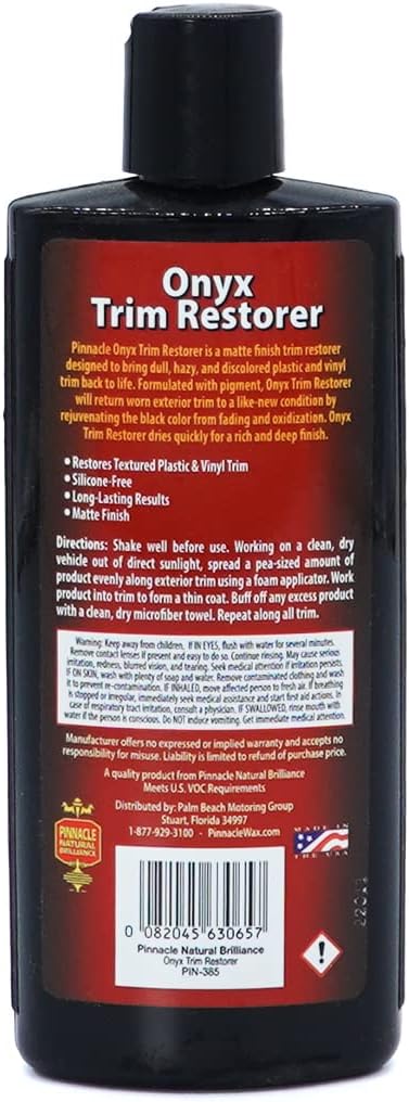 Pinnacle Natural Brilliance Onyx Trim Restorer | Silicone-Free Formula for Black Plastic & Vinyl Trim | Restores Depth & Matte Finish | Long-Lasting Protection | PIN-385 | 8 oz