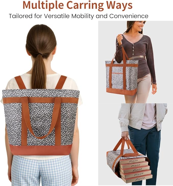 mosago Insulated Grocery Bag, Large Cow Print Reusable Cooler Bag with Zipper, Leakproof Thermal Tote for Food Delivery, Collapsible Shopping Bag for Picnic, Beach, Travel, Compatible with Delivery