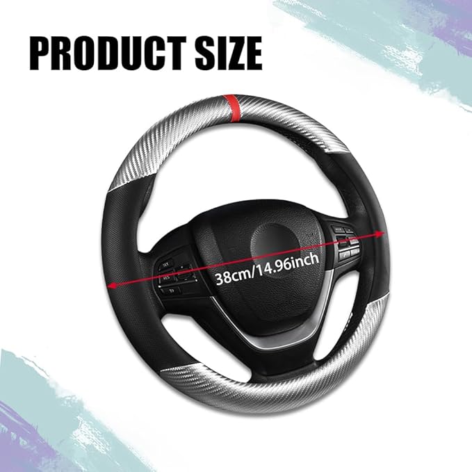 Carbon Fiber Car Steering Wheel Cover, Universal 15 inch Breathable Anti Slip Steering Wheel Covers, Car Interior Accessories for Men and Women, Fit for Most Vehicles (Black/Silver)