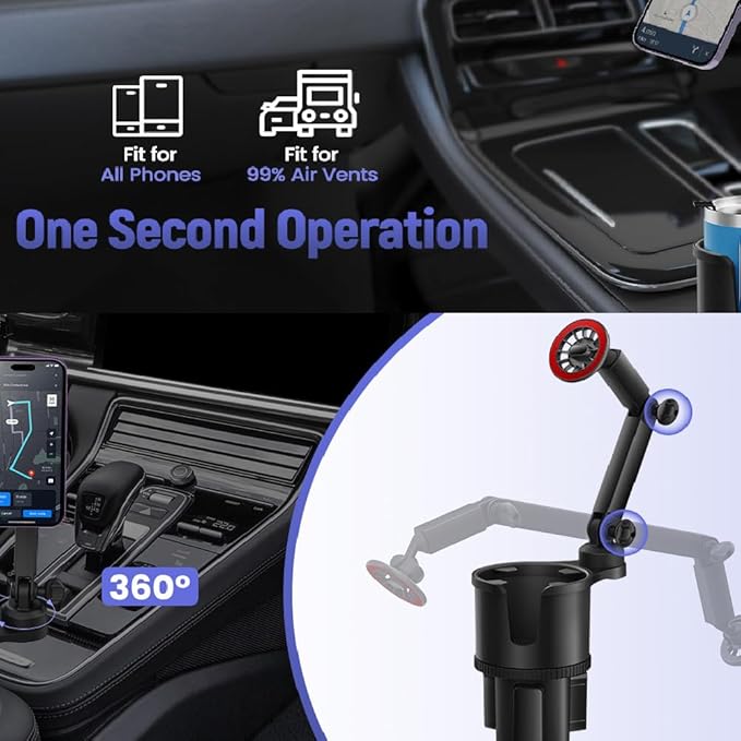 Car Cup Holder with Magnetic Phone Holder, 360° Rotating Cup Holder Phone Holder for Car Truck SUV, Magnet Cup Holder Expander for iPhone Samsung, N52 Magnets Phone Holder for Car