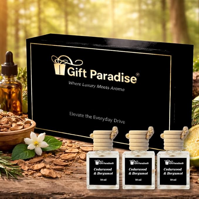 Gift Paradise® Cedarwood & Bergamot Car Air Freshener Set of 3, 10 ml Hanging Diffuser Bottles with Wooden Caps, Magnetic Gift Box, Woody Citrus Car Fragrance