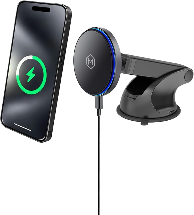 Mag Switch Qi2 Mag Safe Wireless Telescopic Suction Cup Mount, 15W Fast Charger with a Built in on/Off Switch for Smarter Charging, Strong N52 Magnets, Compatible with iPhone 12-17