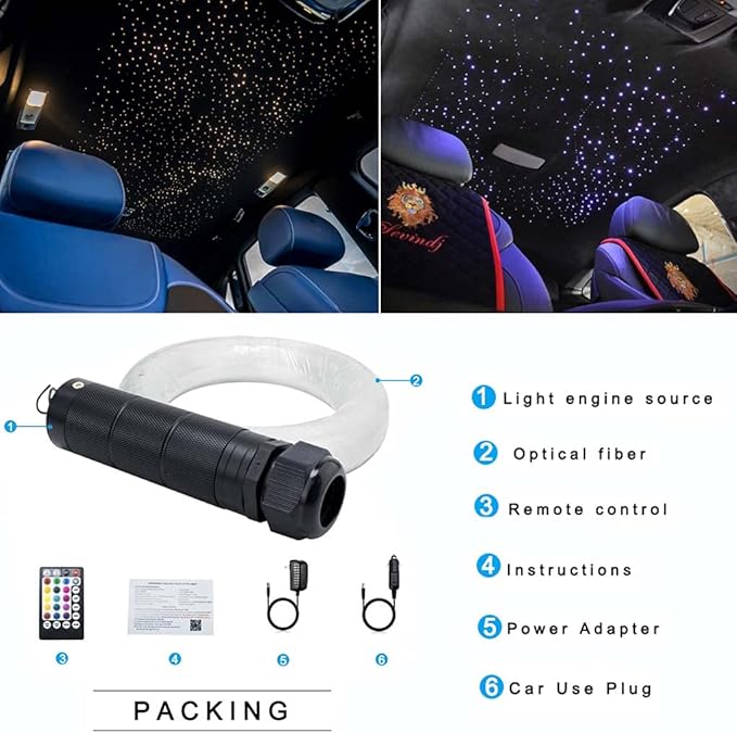 AZIMOM Car Use 6W RGBW 200pcs 0.03in 6.5ft Fiber Optic Lights Starlight Ceiling Light Kit End Glow Optic Cable Music Mode APP Remote Sensory Lighting Indoor Home Headliner Decoration
