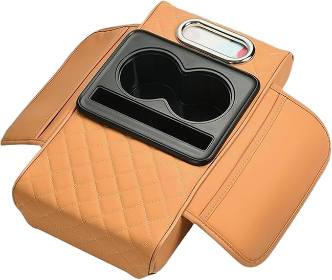 Car Center Console Cover for Hyundai Tucson 2021-2024, Leather Armrest Cushion Protector Pad with Tissue Box Holder Storage Pockets Cup Holder Phone Slot, G/Orange