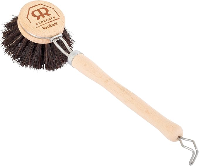 Redecker German-Made Horse Hair Bristle Dish Brush, Soft All-Purpose Scrubber for Kitchen & Household with Strong Horse Hair Bristles, 1-1/2 inch Replaceable Brush Head, Single Unit, 9-inches Long
