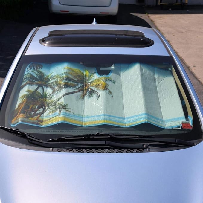 BDK Palm Tree Tropical Island Front Windshield Sun Shade Accordion Folding Cute Car Window Shades for Truck & Car Sunshade Shield for Sun UV Rays - Visor Protector Keeps Vehicle Cool - 58 x 27 inches