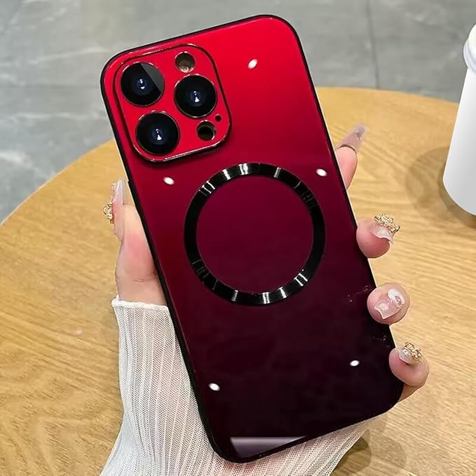 Guppy Compatible with iPhone 14 Pro Max Case Magnetic, with Full Camera Lens Protector [Compatible with MagSafe] Scratch Resistant Gradient Glass Back Cover Phone Case-Red