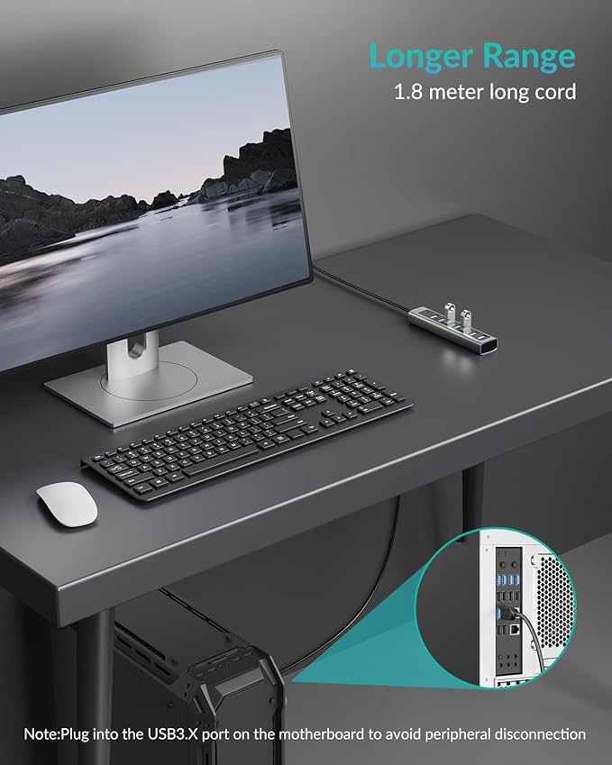 GiGimundo USB Hub 3.0, 8-Port USB Hub Long Cable 6 FT with 7-USB3.0 Data Ports and TypeC 5V/3A Power Port, Aluminum 5Gbps USB Splitter for PC, Laptop, Desktop, Computer, PS5, XPS(Gray,1.8M)