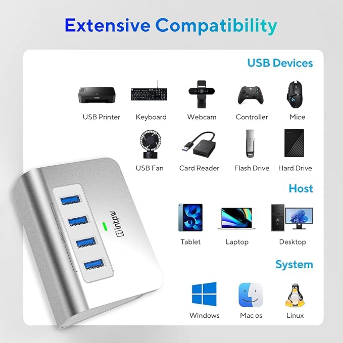 intpw USB 3.0 Hub, Aluminum 4 Port USB Data Hub 3.0 Port Extender Multiport Adapter with 3.3ft Cable ，USB Splitter for Laptop, PC/Xbox/Flash Drive/Printer/Camera/Keyborad/Mouse