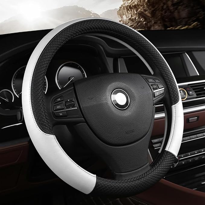Pahajim Car Steering Wheel Cover for Women Men Universal PU Leather Steering Wheel Accessories Anti Skid 14.5-15 Inch (37-38cm) Forro Volante Carro (White)