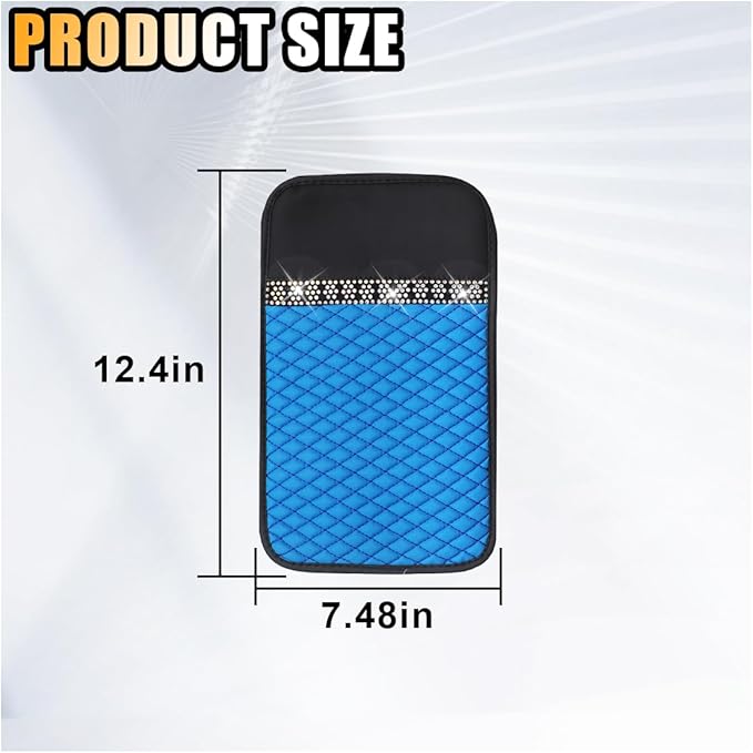 Bling Leather Car Armrest Seat Box Cover, Car Console Armrest Cover with Crystal Rhinestones, Anti-Scratch Waterproof Auto Center Console Protector Cushion Pad for Car SUV Truck (Blue)