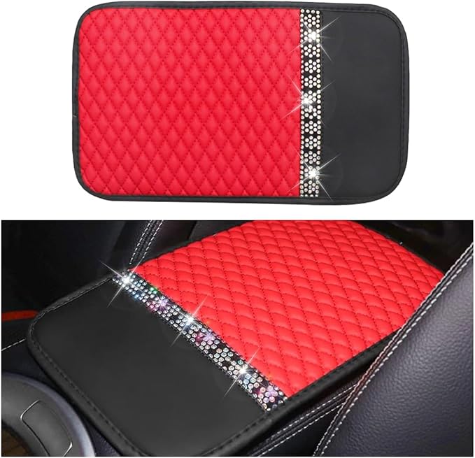 Bling Leather Car Armrest Seat Box Cover, Car Console Armrest Cover with Crystal Rhinestones, Anti-Scratch Waterproof Auto Center Console Protector Cushion Pad for Car SUV Truck (Red)