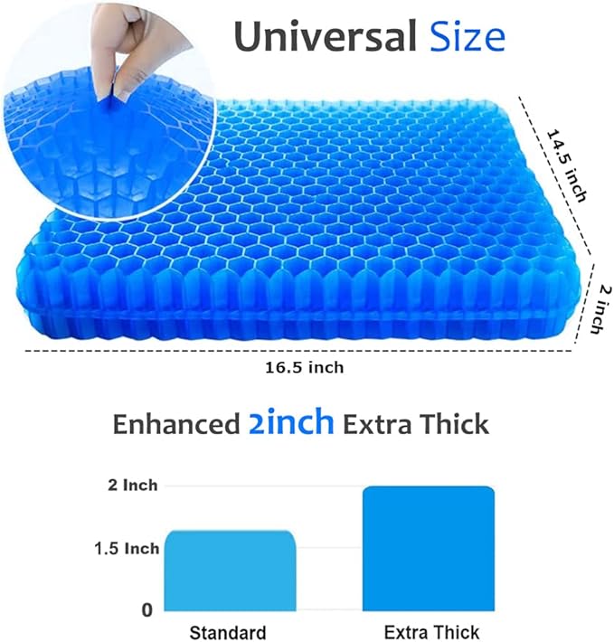 Gel Seat Cushion for Long Sitting, Extra Thick Gel Cushion for Wheelchair Soft Chair Pads Cushions for Office Home Chairs Car Seats Long Trips - Back Sciatica Hip Tailbone Pain Relief Cushion (Blue)