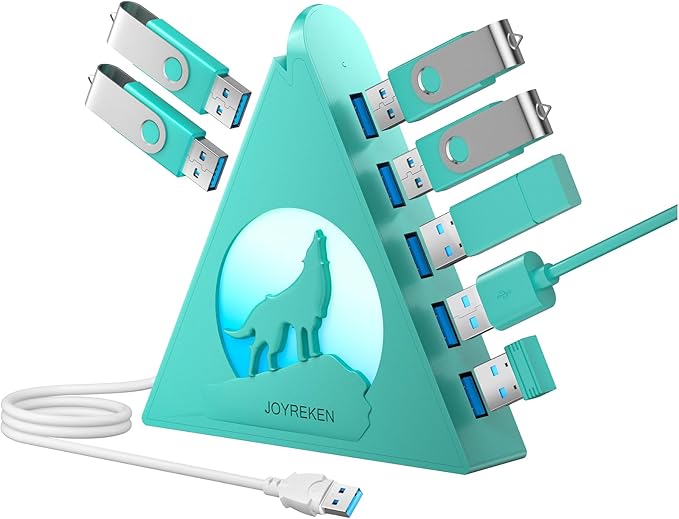 Green 7-Port USB 3.0 Hub,Vertical USB Hub Tower with RGB Lighting & 5Gbps Data Speed, 2FT Cable - Gaming USB Hub Splitter for PC, Desktop, Laptop, PS5, Xbox, Flash Drives