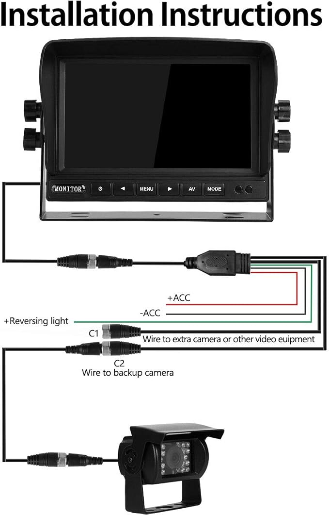 Backup Camera System Kit 7" LCD Reversing Monitor +Rear View Back Up Camera with 170 ° Wide Angle, Waterproof IP68, 18 Infrared Night Vision for Trucks/RV/Trailers/Bus/Vans/Box Truck