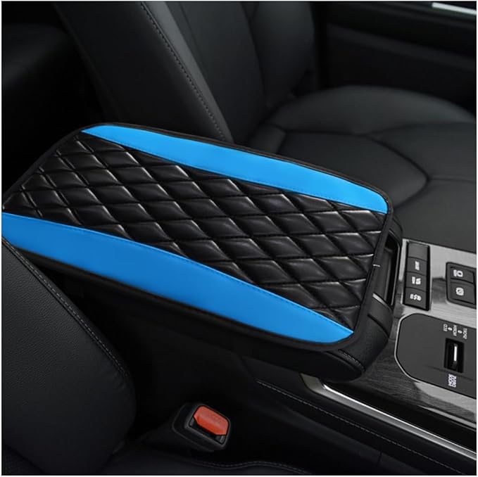 Car Center Console Cushion Pad, 12.6 × 7.48 Inches Waterproof Car Armrest Seat Box Cover, PU Leather Armrest Cover Protector for Most Vehicle, Universal Car Interior Accessories (Black+Blue)