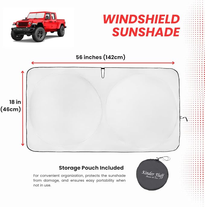 Jeep Windshield Sun Shade | fits Wrangler, Rubicon, Sahara, Gladiator, Sport S, Willys 41, High Altitude - Certified 99% UVA & UVB Lab Tested Interior Protection. Car Window Shades by Kinder Fluff