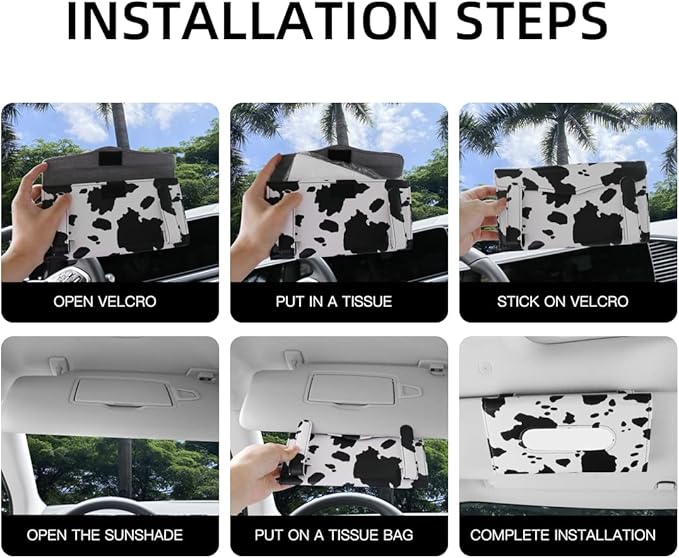 Cow Print Car Accessories for Women, Premium Tissues Box, Tissue Holder for Truck, Universal Napkin Dispenser for SUV, Car Tissue Box with Napkins Refill.