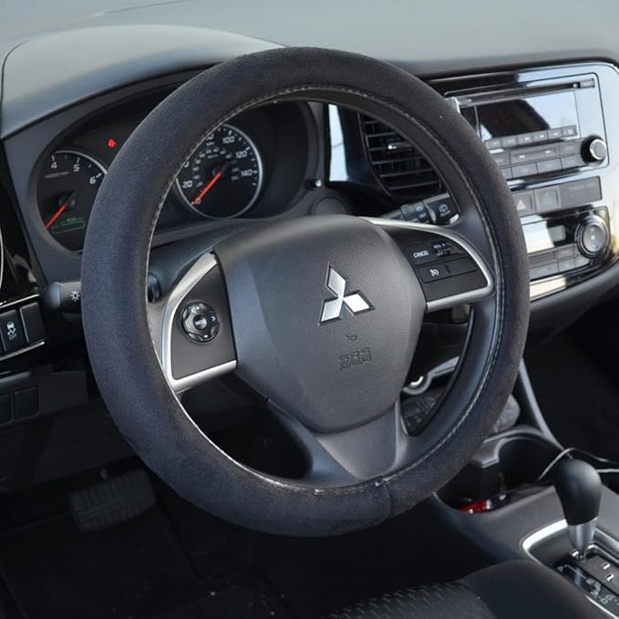 BDK Ergonomic Leather Grip Steering Wheel Cover - Soft Plush Memory Foam Grip for Standard Size Wheels 14.5-15 inch Black