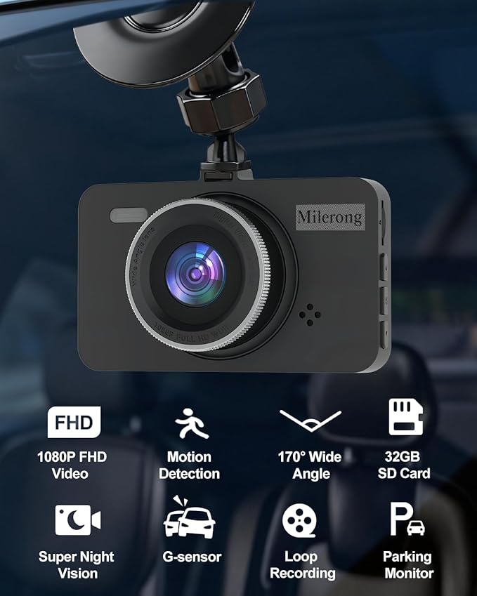 Dash Cam Front Car Camera, FHD 1080P Dashcam for Cars, Dash Camera with 32G SD Card, 24 Hours Parking Monitor, Night Vision, Loop Recording, G-Sensor, 3'' IPS Screen, 170°Wide Angle