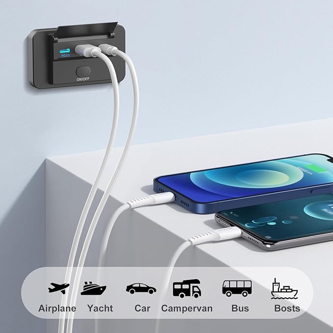 78W 12V USB Outlet Surface Mount Lightweight Dual USB C 30W and QC 3.0 18W Car USB Port, 12 Volt USB Cigarette Lighter Replacement Charger Socket Panel with Button Switch for RV Bus Marine Motorcycle
