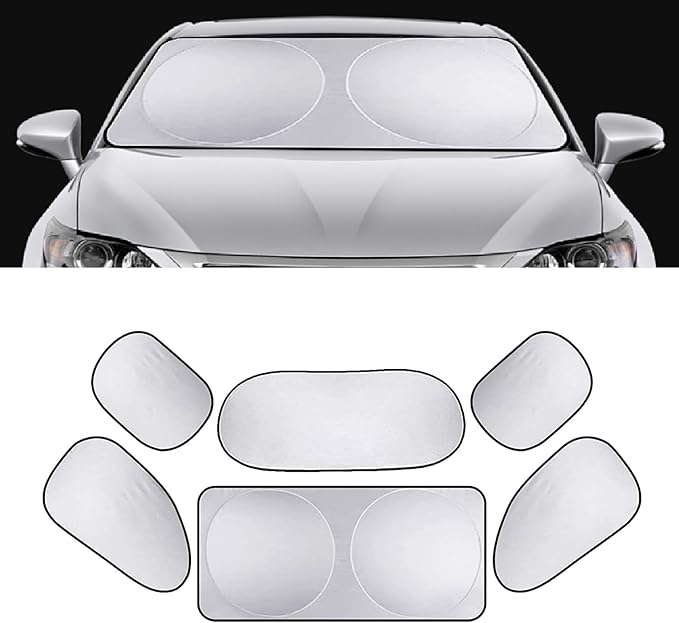 1 Pack 6 Pcs Windshield Sun Shade for Car,Sun Visor Protector, Sun Protection Heat Insulation Front and Rear Windshield Side Window Glass Sun Visor, Universal for Most Cars (Silvery)