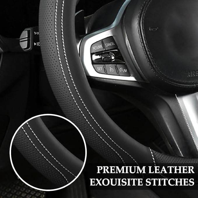 HZEL Car Steering Wheel Cover, 15 Inch Leather Comfortable Vehicle Steering Wheel Protector with Inner Rring, Anti-Slip Automotive Interior Accessories, Universal for SUV RV Truck (Black/White)