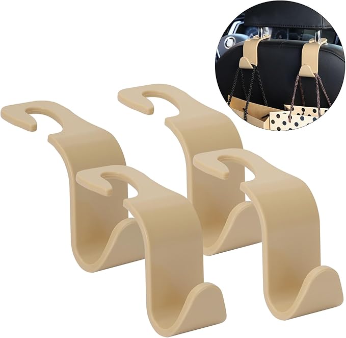 Soleebee 4 Pack Car Headrest Hooks - Universal Auto Hooks for Back Seat Hangers, Storage Organizer (Beige)