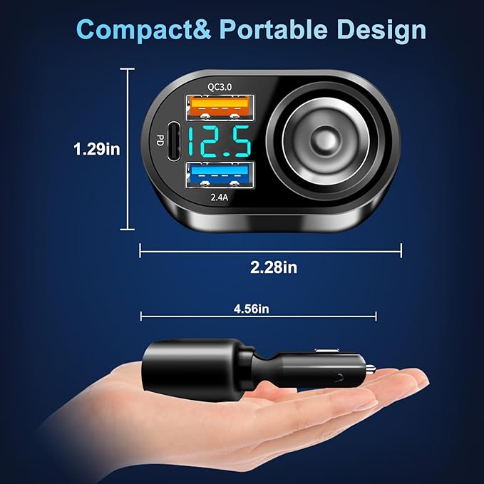 USB C Car Charger, 90W Cigarette Lighter Adapter Dual USB Fast Charging PD QC 3.0, 12V/24V Car Charger Socket Splitter with LED Voltmeter for Smart Phone GPS Dash Cam
