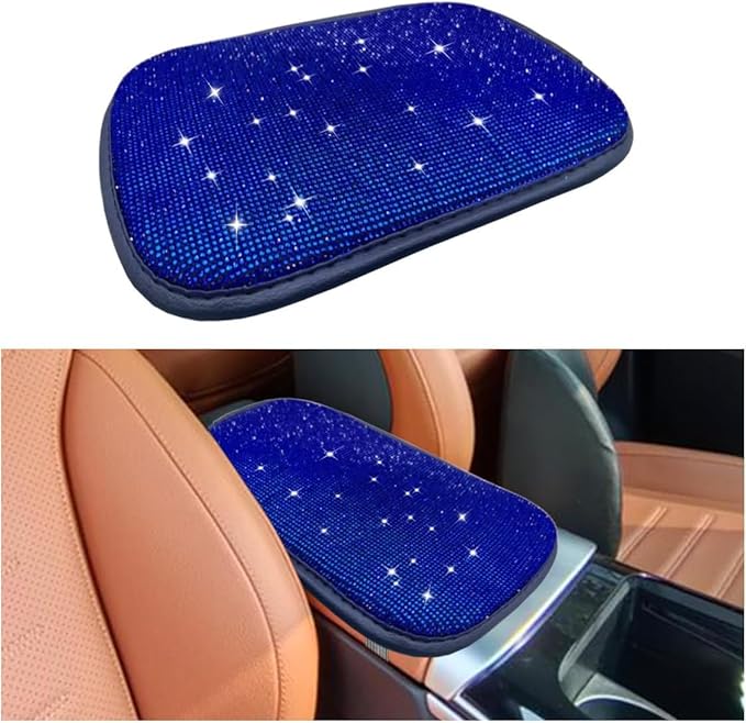 11.9''×8.4'' Bling Car Center Console Cover, Crystal Diamond Arm Rest Cover for Car, Soft Elbow Pillow Automotive Armrest Seat Box Covers, Arm Rest Protective Cushion Pad for Women Men (Blue)